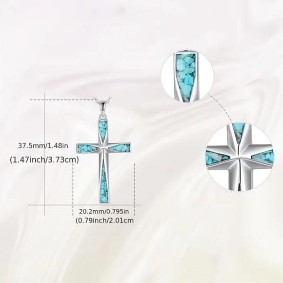SILVER CROSS ✝️ WITH TURQUOISE INLAY. GORGEOUS ✨️ 18" CHAIN. - Picture 4 of 5